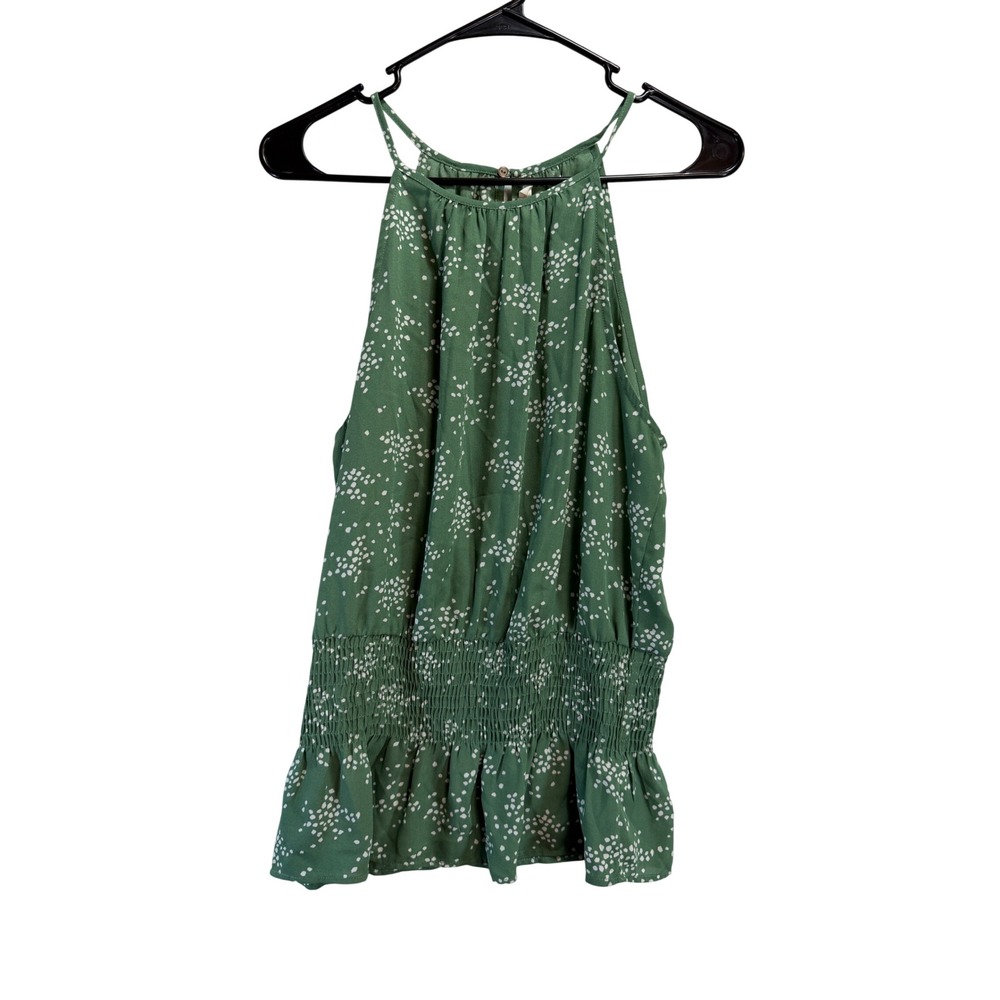 Lush Womens Halter Neck Smocked Waist Peplum Top Sage Green Dot T16555-FI M
